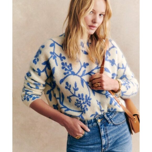 Like New Sezane Pelagie Floral Wool Mohair Floral Sweater Ecru Blue XL - Picture 1 of 8